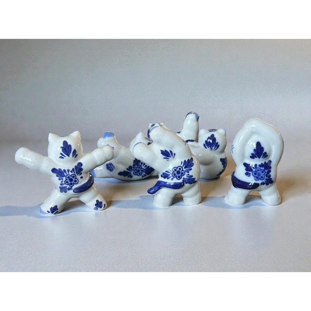 Gzhel Vintage‎ Russian Folk Art Porcelain Cats Blue White Figurine Exercise Yoga - Picture 5 of 16